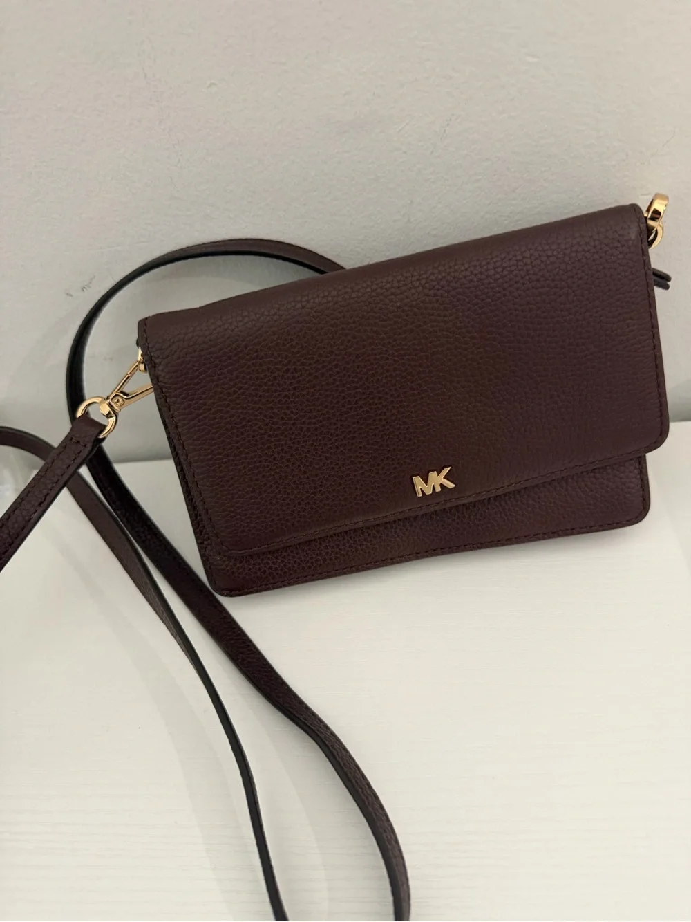 Michael Kors Chocolate Brown Pebbled Leather Crossbody Wallet with Gold MK
